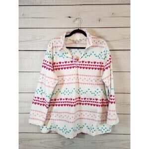 Woman Within Women's White Pink Hearts Print Fleece Pullover Sweater‎ Size 18/20